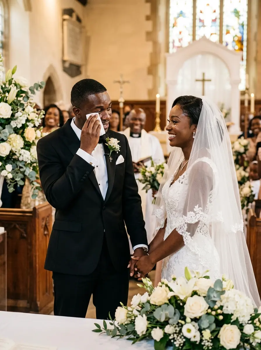 Mariage chrétien émouvant - L'époux ému aux larmes essuie son visage devant sa mariée